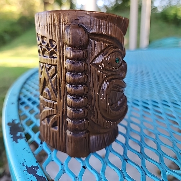 Vtg Hawaiian Tiki Mugs Set Of 5 Quon-Quon Japan Brown Ceramic Green Gem Eyes - Picture 4 of 12